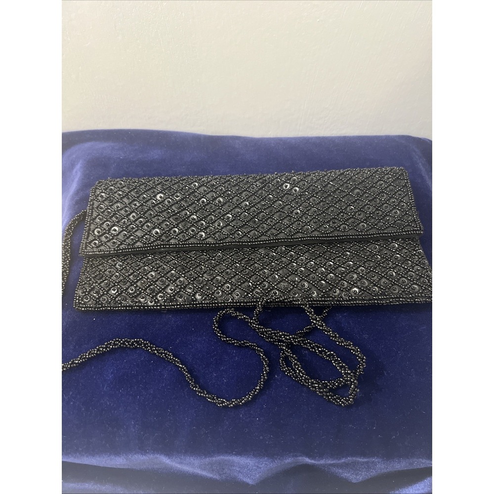 Expressions NYC  black heavy Beaded Bag clutch purse 42" Sling